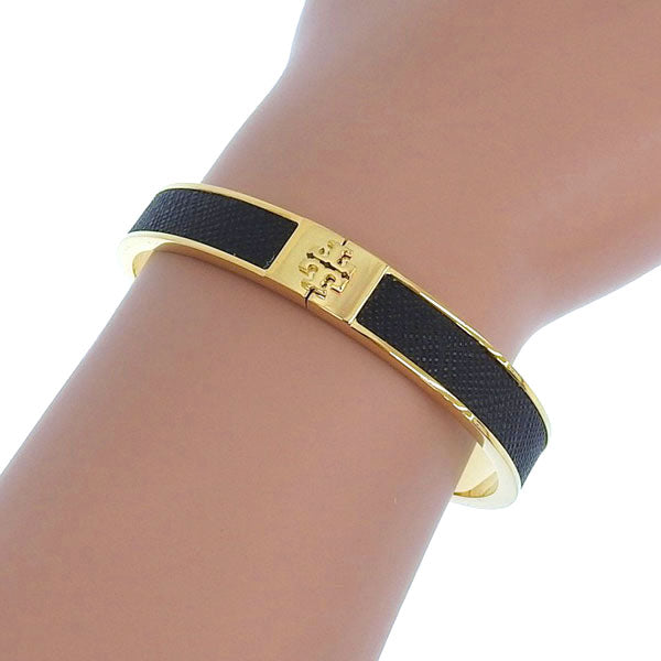 トリーバーチ アクセサリー レディース バングル ブレスレット アウトレット レザー ブラック SLIM LEATHER INLAY CUFF 145435-720S TORY BURCH